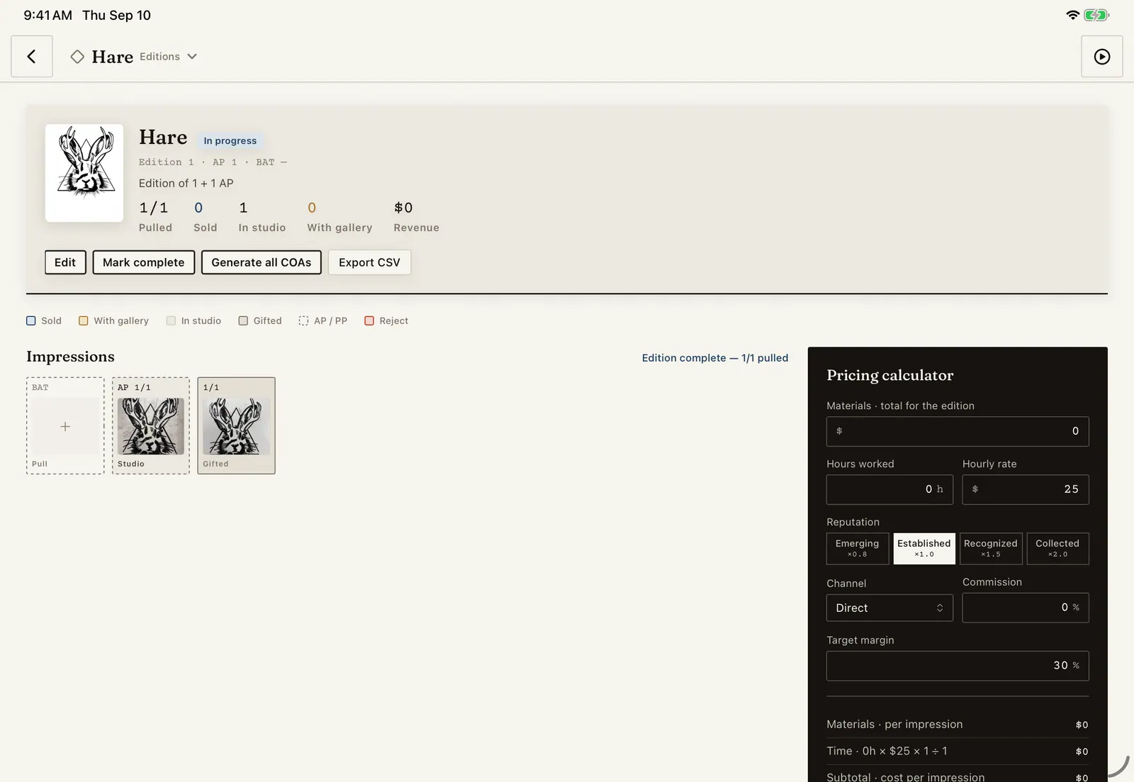 Edition tracking in Brayer for iPad: Hare, an edition of 1 plus 1 AP with both impressions pulled and photographed, and a pricing calculator on the right.