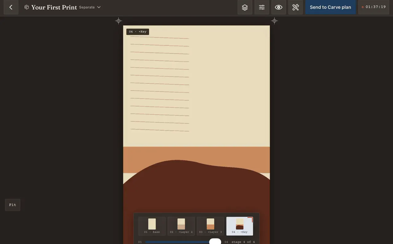 Stepping through the four stages of a reduction in Brayer's print simulator.